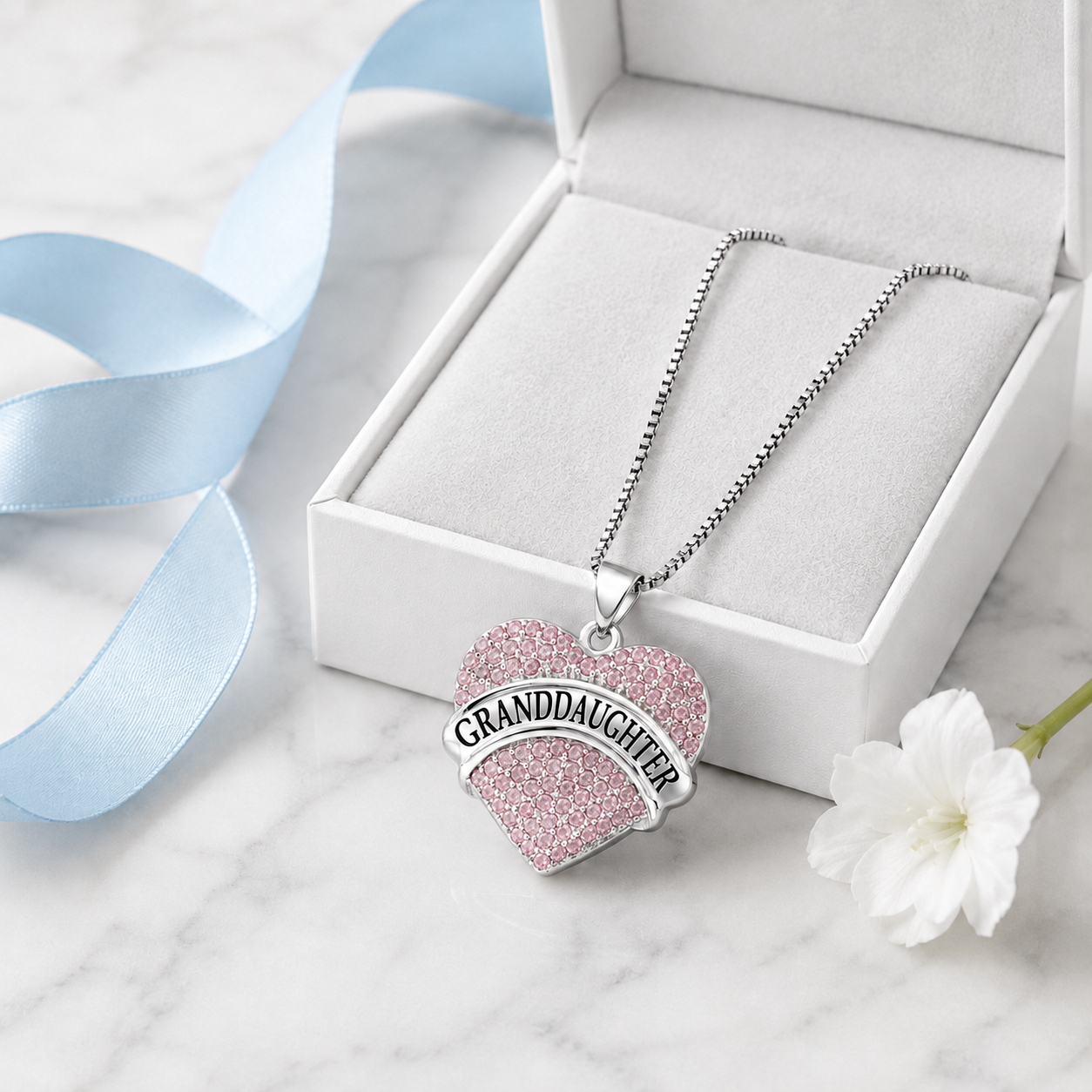 Granddaughter Necklace for Women by Ginger Lyne CZ Heart Pendant White Gold Plated - Pink