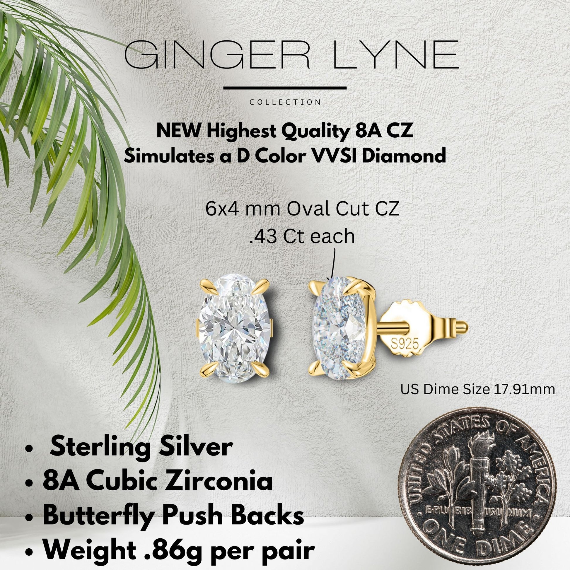 Oval Cut Stud Earrings for Women .86 Ct Simulated Diamond Sterling Silver Ginger Lyne - Gold
