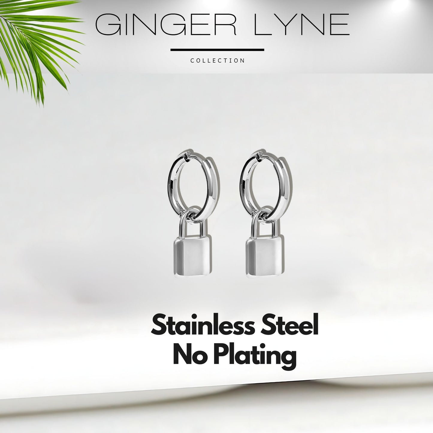 Padlock Dangle Hoop Earrings for Women Gold or Silver Stainless Steel Ginger Lyne Collection - Silver