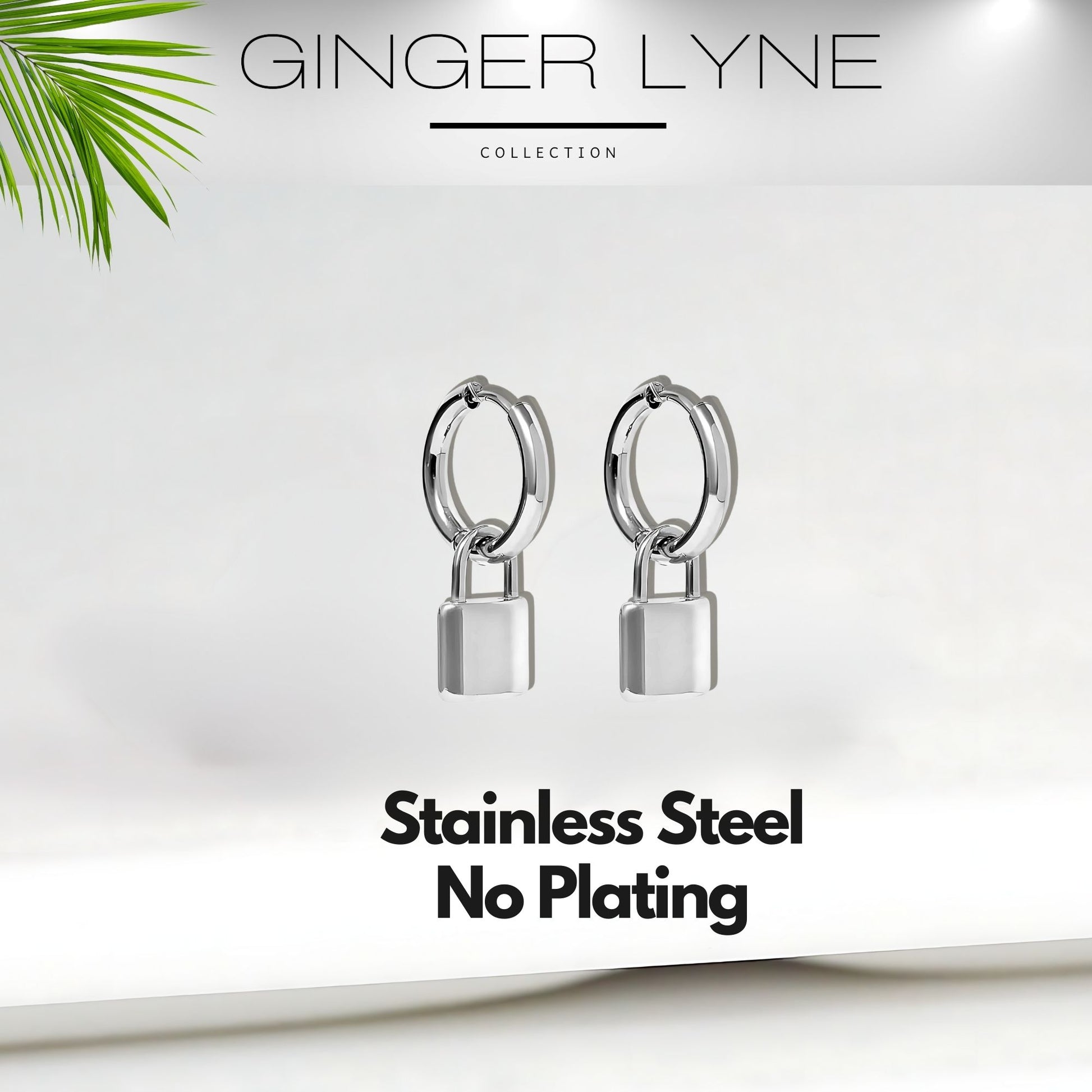 Padlock Dangle Hoop Earrings for Women Gold or Silver Stainless Steel Ginger Lyne Collection - Silver