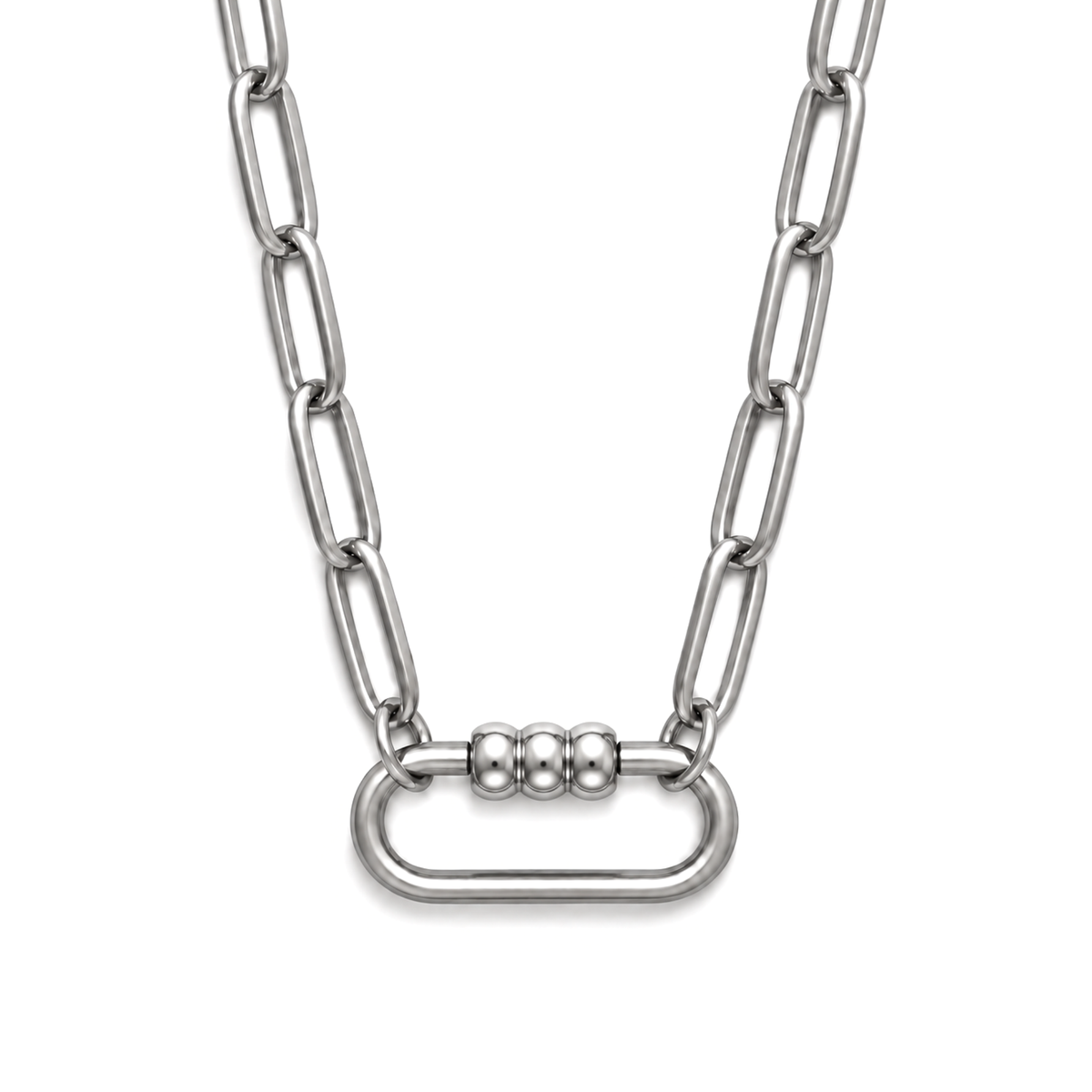 Silver Tone 3 Bead Screw Rectangle Carabiner Charm Holder Necklace Paperclip Chain 18-20 Inch Stainless Steel by Ginger Lyne - Silver-PaperclipChain/Rect 3 Bead CH
