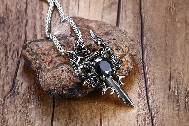 Dragon Sword Necklace for Men or Women  Stainless Steel Black Cz Gothic Ginger Lyne Collection