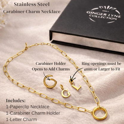 PaperclipLinkCircleCarabinerIntialLetterCharmHolderNecklaceforWomenStainlessSteel20"GingerLyne_Gold-A-3