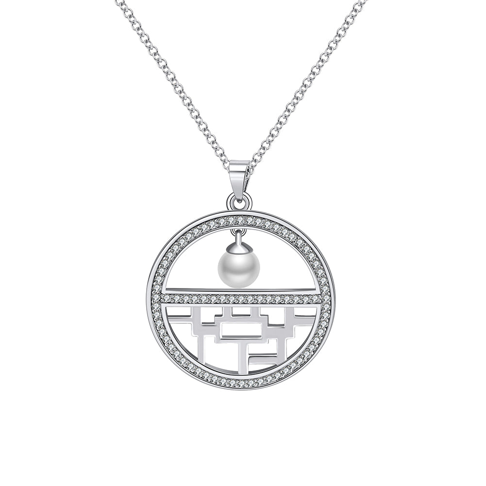 Flower Window Pattern Pendant Necklace for Women Cz Simulated Pearl Ginger Lyne Collection - Silver