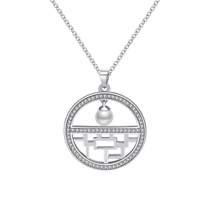 Flower Window Pattern Pendant Necklace for Women Cz Simulated Pearl Ginger Lyne Collection - Silver