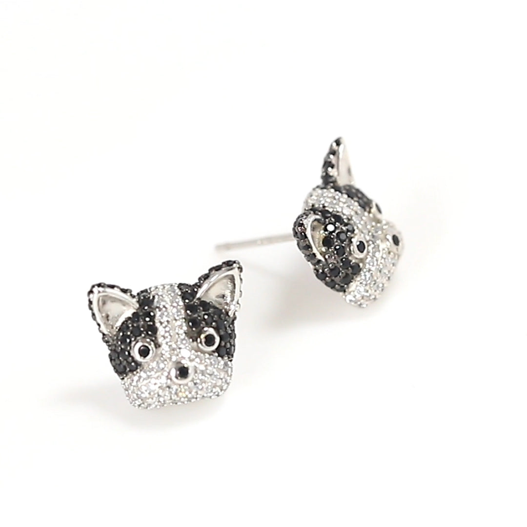 Boston Terrier Dog Stud Earrings for Women by Ginger Lyne Black Cz Sterling Silver