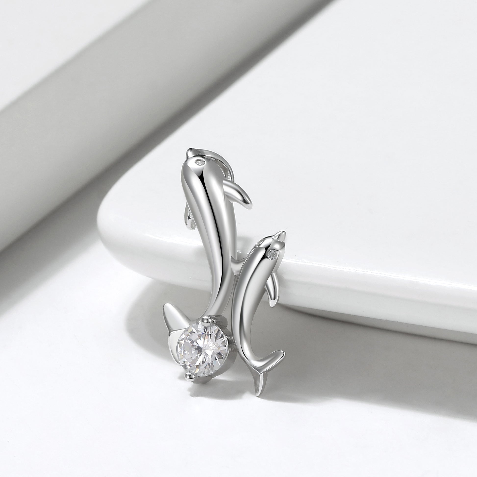 Dolphins Pendant Necklace for Women by Ginger Lyne White Gold Plated Brass with Cubic Zirconia - White Gold Plated