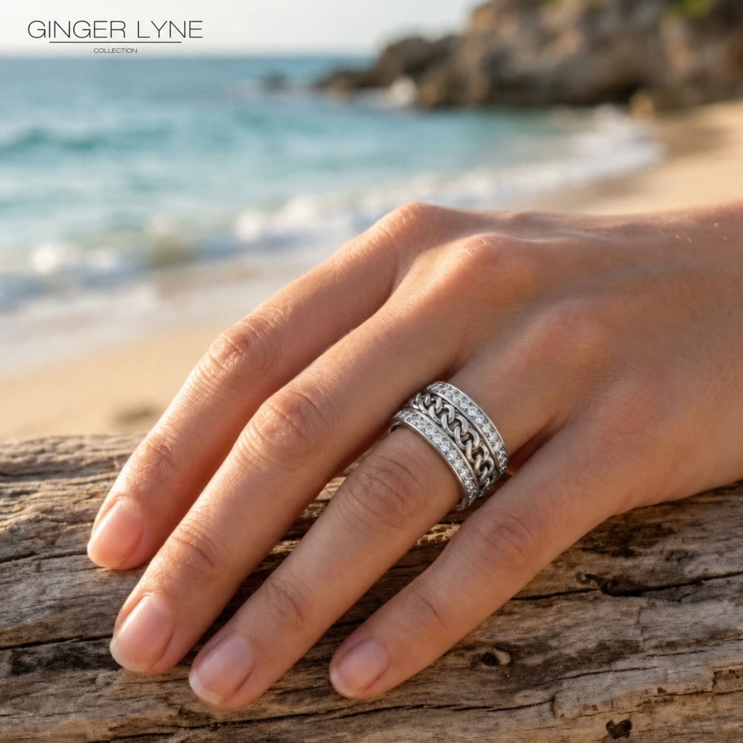 TwoRowCZEternityRingforWomenwithSpinnerStainlessSteel11MMWideBandGingerLyne_Silver-7