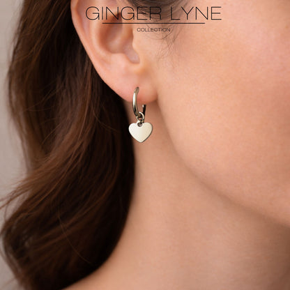 Thin Heart Charm Hoop Earrings by Ginger Lyne Stainless Steel for Lobe Cartilage Piercing Body Jewelry - Silver Tone