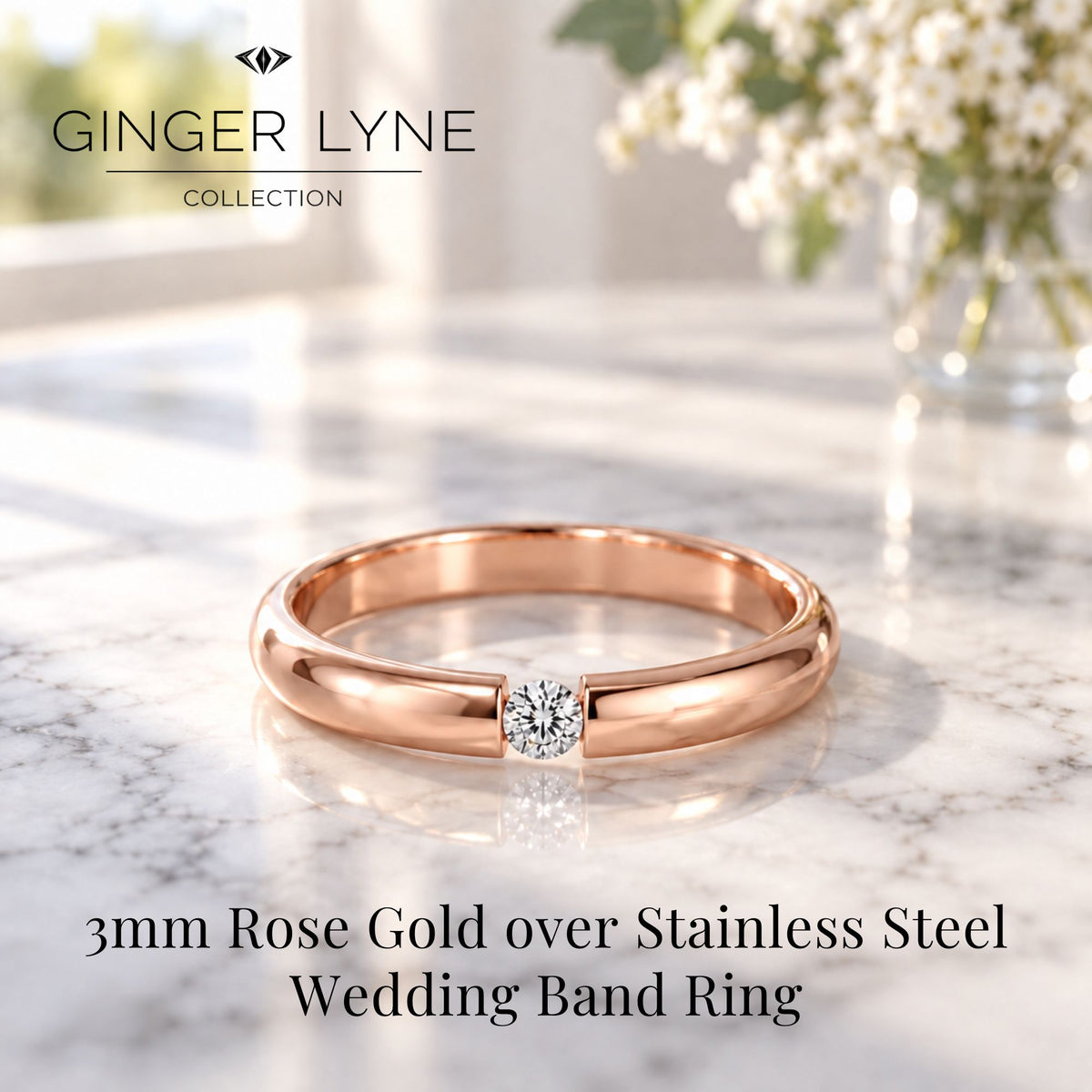 RoseGoldToneWeddingBandRingforWomenorMen3mmStainlessSteelCZGingerLyneSize10_RoseGold-2