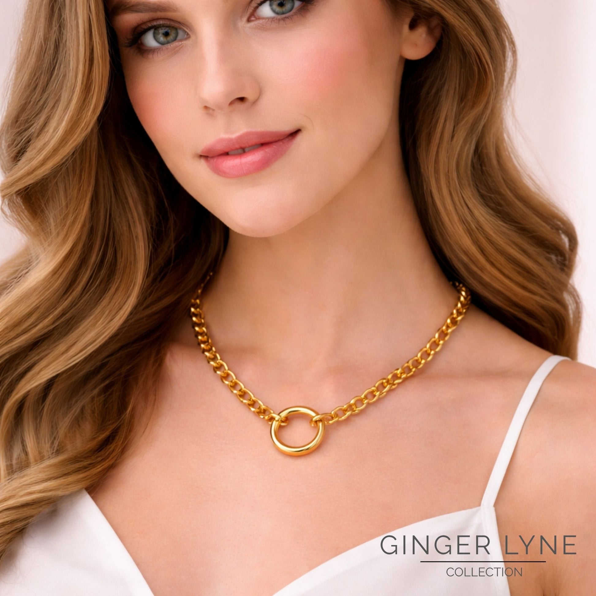 Carabiner Charm Necklace for Women O Link Chain Round Holder Stainless Steel by Ginger Lyne - 20mm/Gold