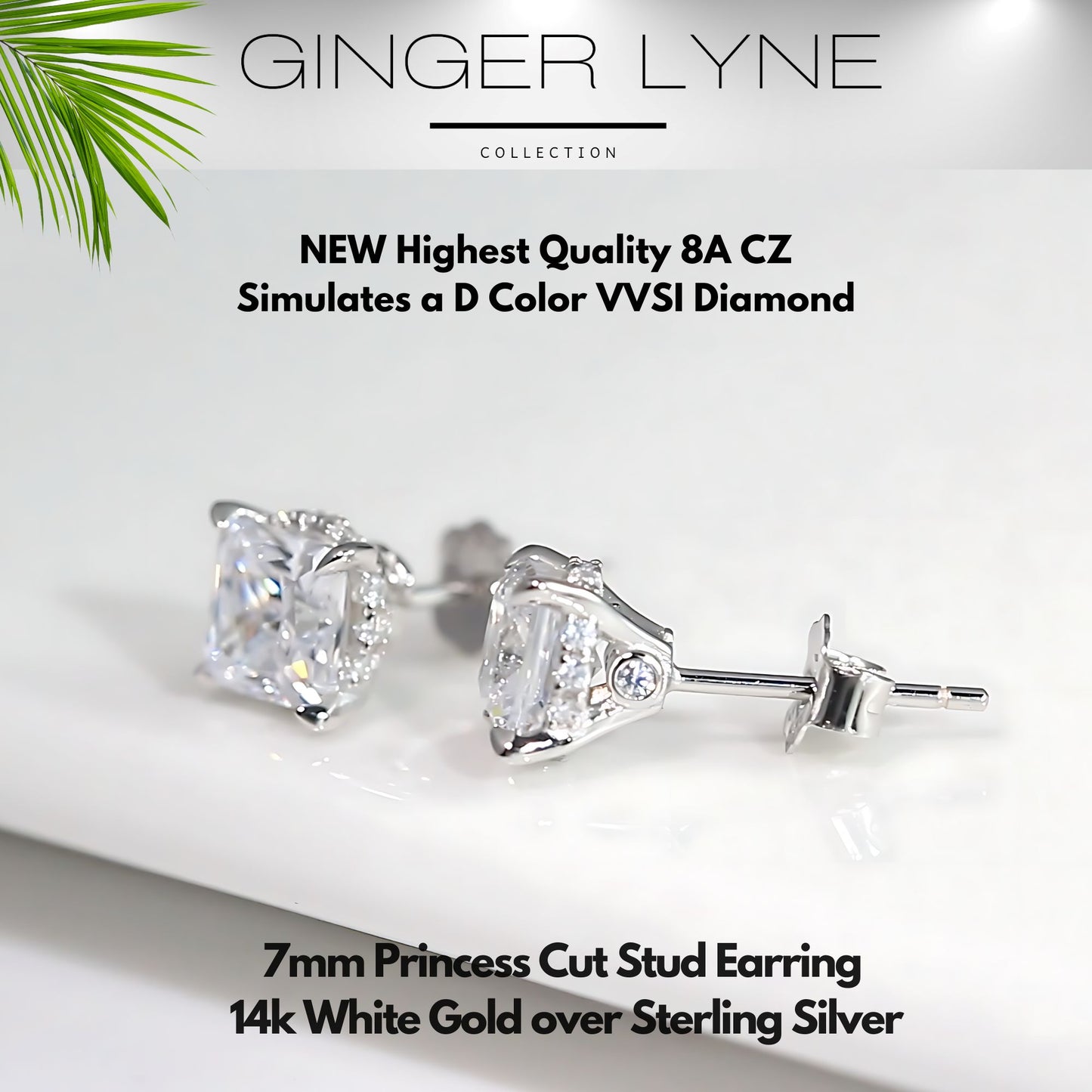 Princess Cut Stud Earrings for Women 4ct Simulated Diamond Sterling Silver Ginger Lyne