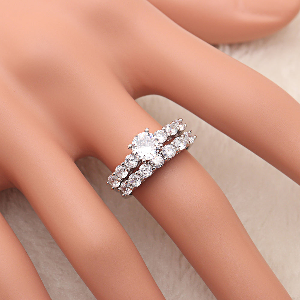 Carla Bridal Set Sterling Silver Women CZ Engagement Ring Band Ginger Lyne Collection - 6