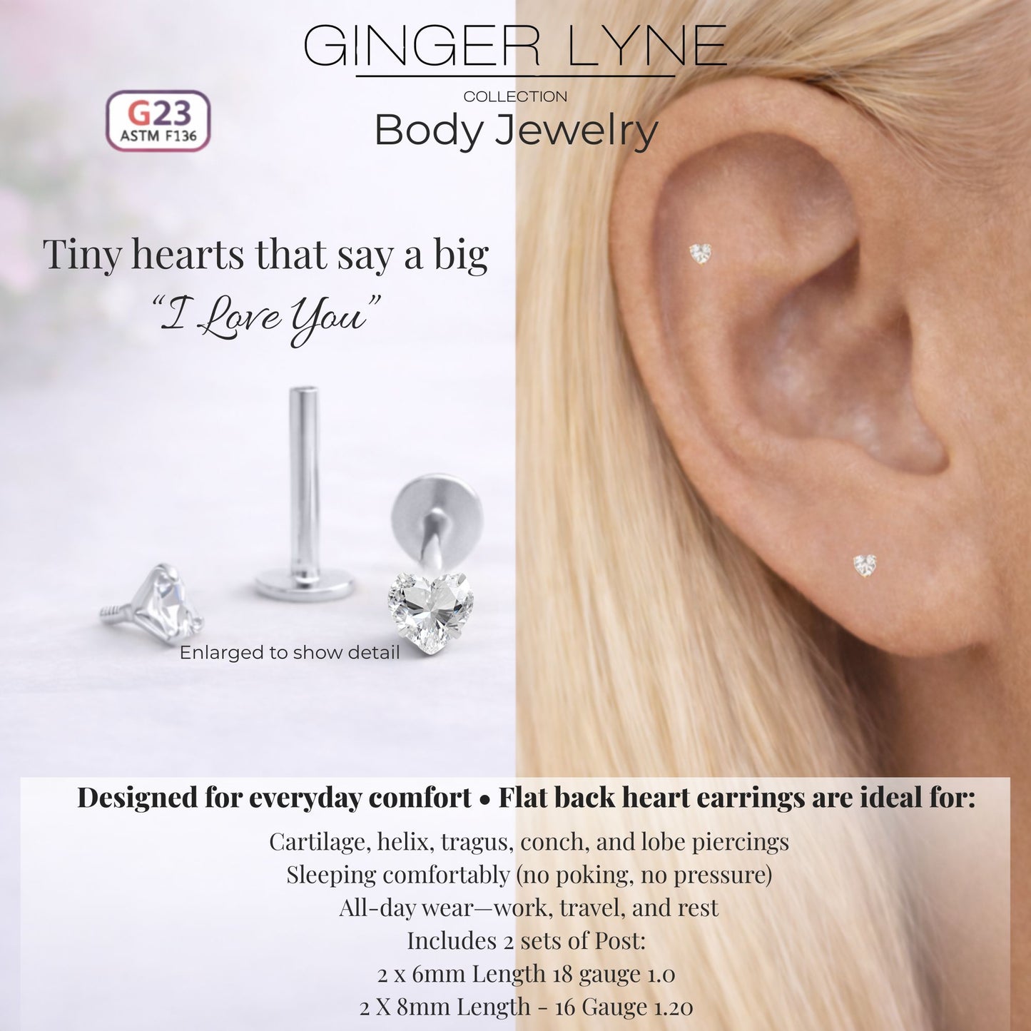 Small Heart CZ Solitaire Flat Back Stud Earrings Titanium Body Piercings by Ginger Lyne 2 Sets Post 6mm 8mm - 3mm-Clear
