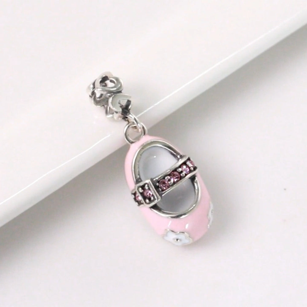 Baby Shoe Charm European Style Blue or Pink Sterling Silver CZ Ginger Lyne Collection - Pink
