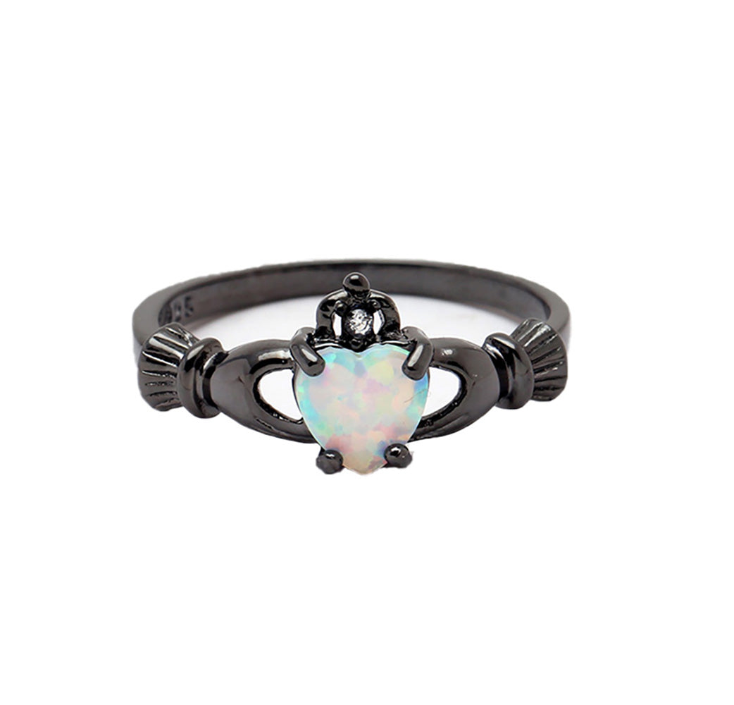 BlackPlatedCladdaghRingforWomenCrownHeartWhiteSimulatedOpalStatementRingSize5byGingerLyne_Black-1