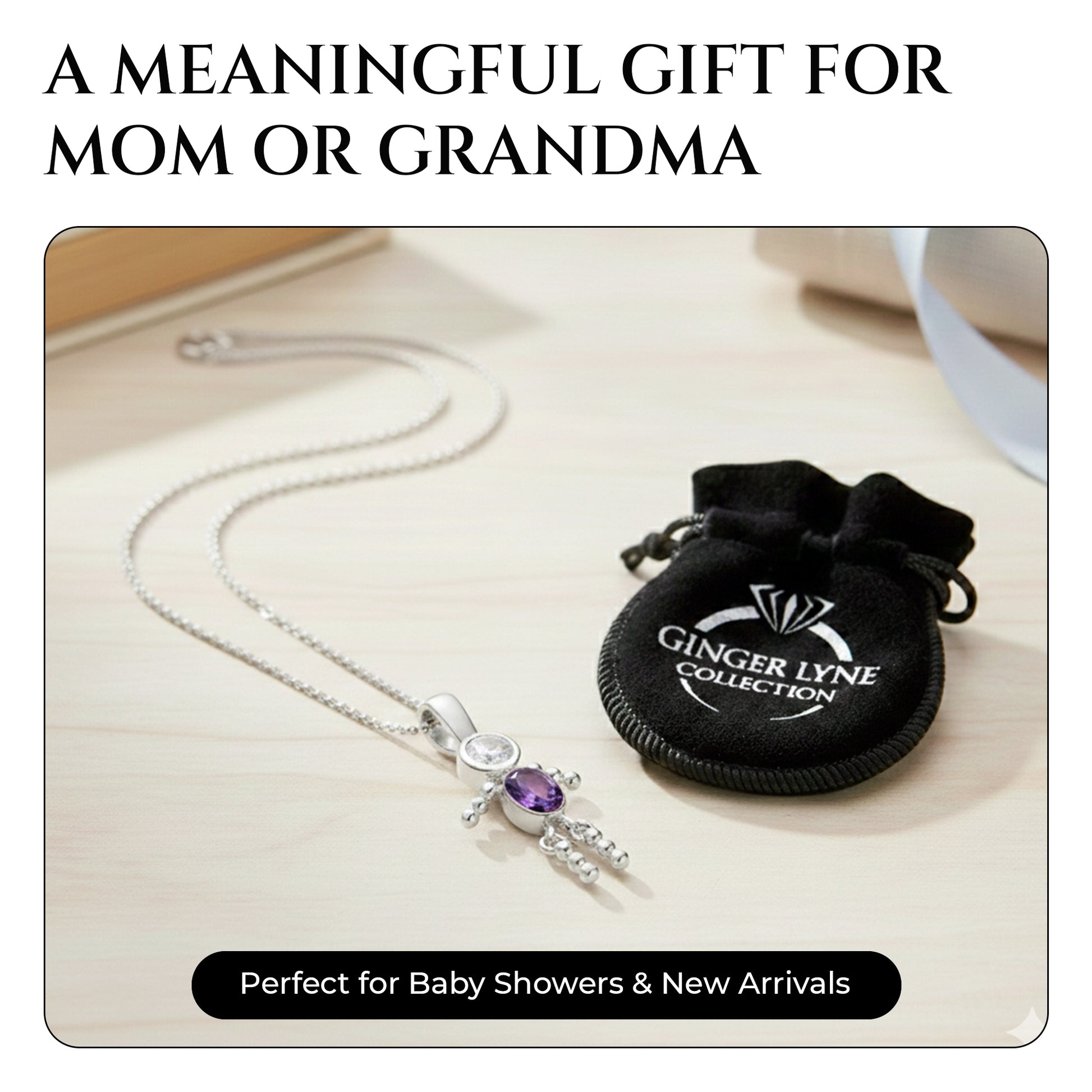 Birthstone Pendant Necklace for Boy Mom or Grandma by Ginger Lyne Sterling Silver CZ Family Birthday Charm - Boy February