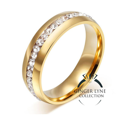 OneRowCzWeddingEternityBandRingSteelWomensMensGingerLyneCollection_Gold-4