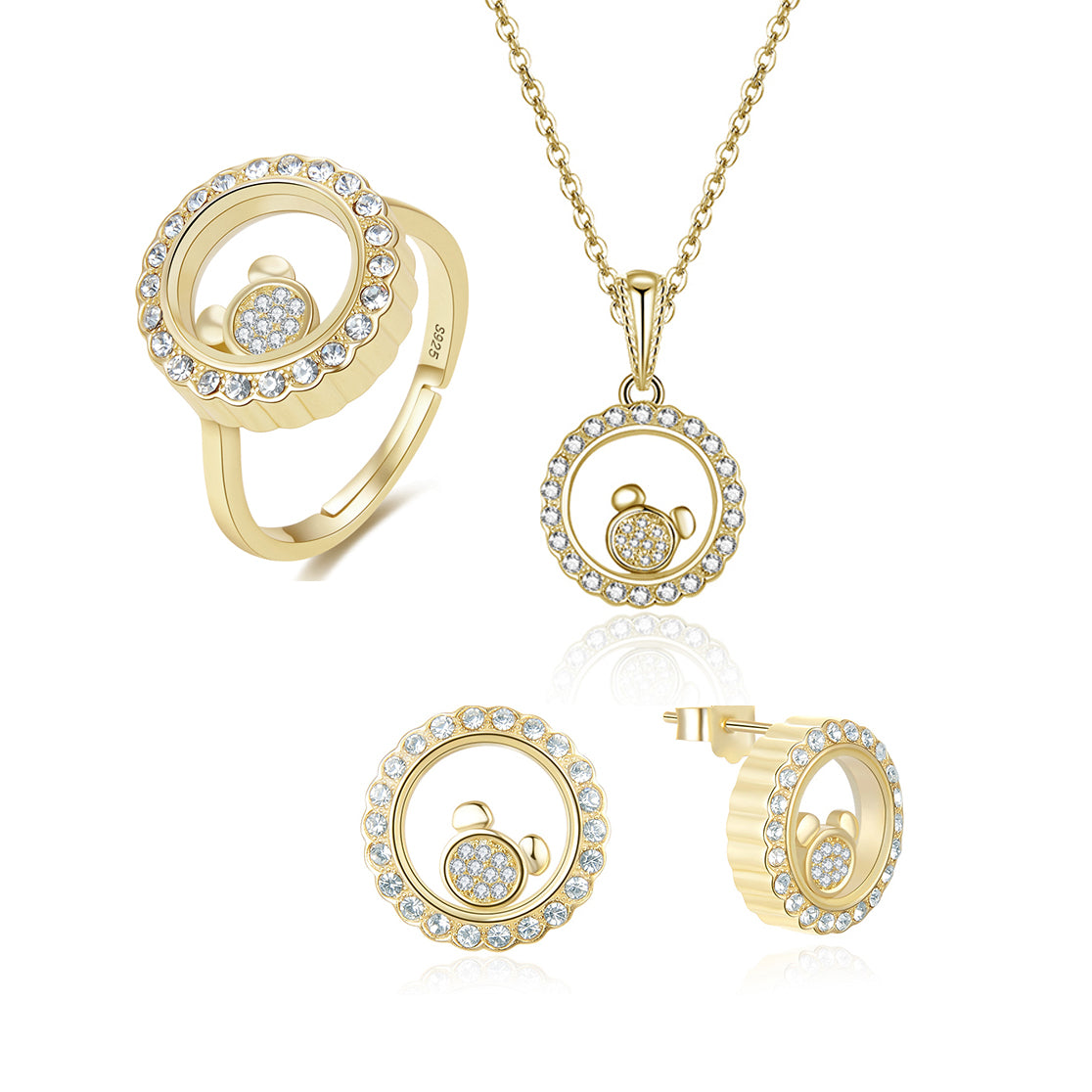 Floating CZ Bear Necklace Earrings Ring Set for Women Gold Plated Sterling Silver Ginger Lyne - Set