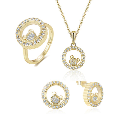 Floating CZ Bear Necklace Earrings Ring Set for Women Gold Plated Sterling Silver Ginger Lyne - Set