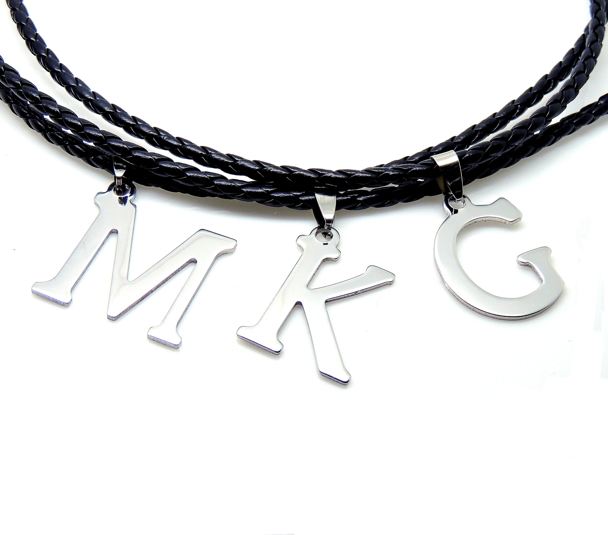 InitialLetterNecklacePULeatherStainlessSteelMenWomenGingerLyneCollection_H-1