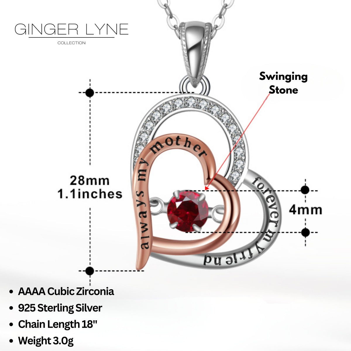 Birthstone Mom Necklace for Mother by Ginger Lyne Sterling Silver Swinging CZ - January