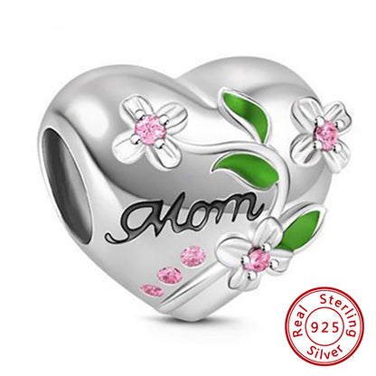 Mom Heart Flower Charm European Bead Sterling Silver Pink CZ Ginger Lyne Collection
