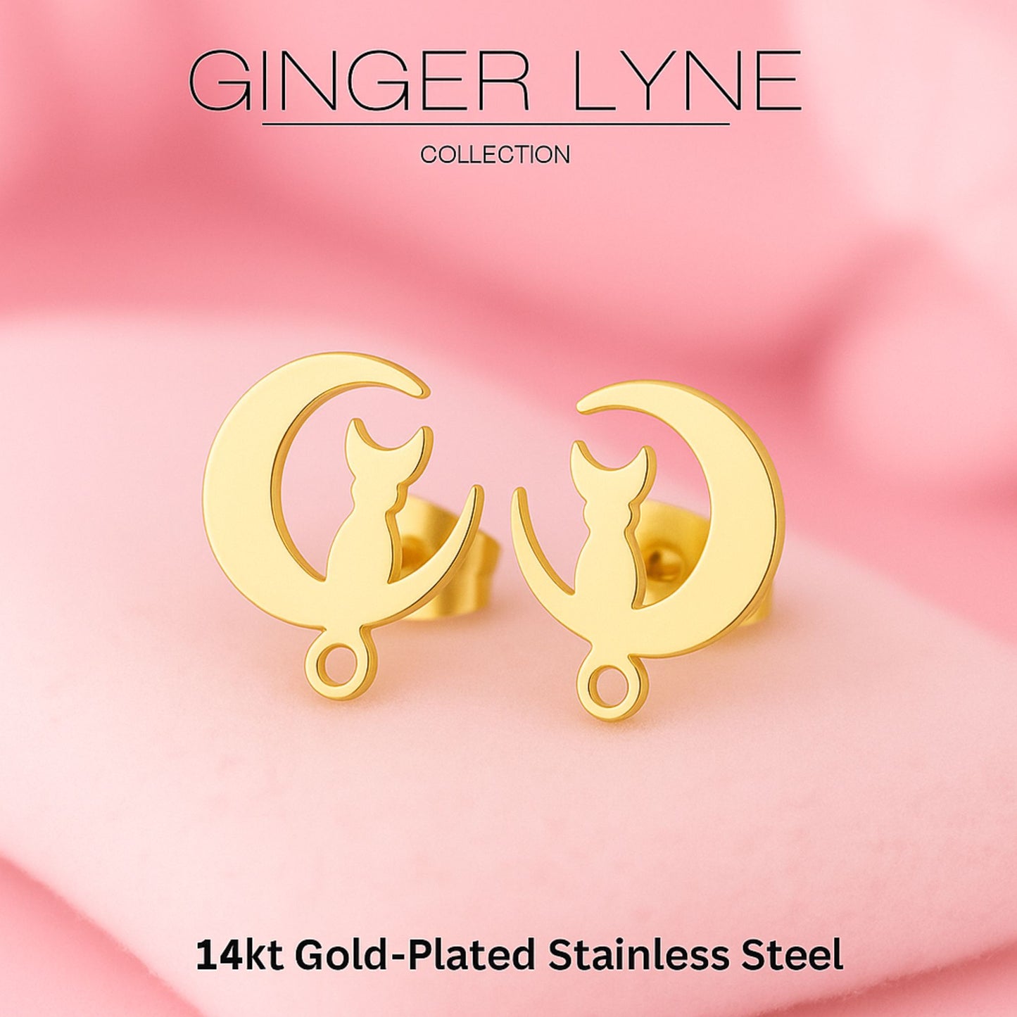Ginger Lyne Cat Moon Earrings for Women Stainless Steel Kitty Studs Pet Jewelry Gifts for Her - Gold Tone