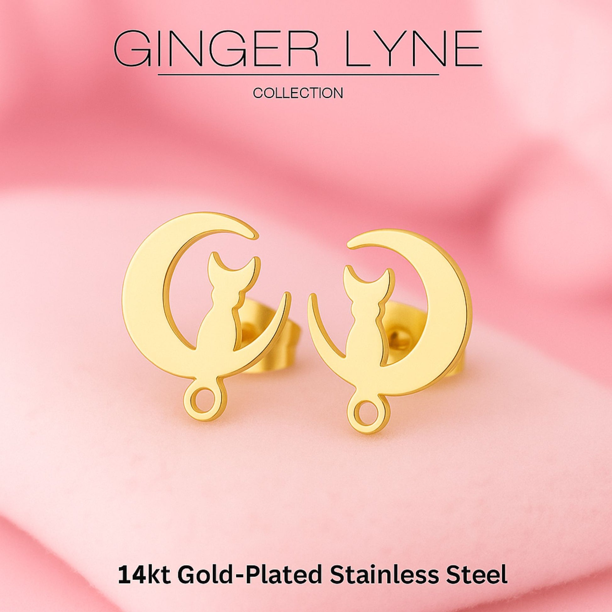 Ginger Lyne Cat Moon Earrings for Women Stainless Steel Kitty Studs Pet Jewelry Gifts for Her - Gold Tone