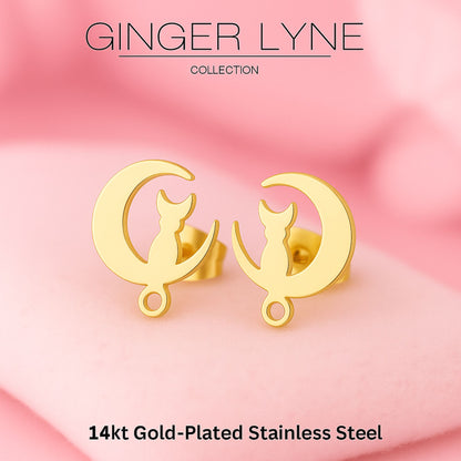 Ginger Lyne Cat Moon Earrings for Women Stainless Steel Kitty Studs Pet Jewelry Gifts for Her - Gold Tone