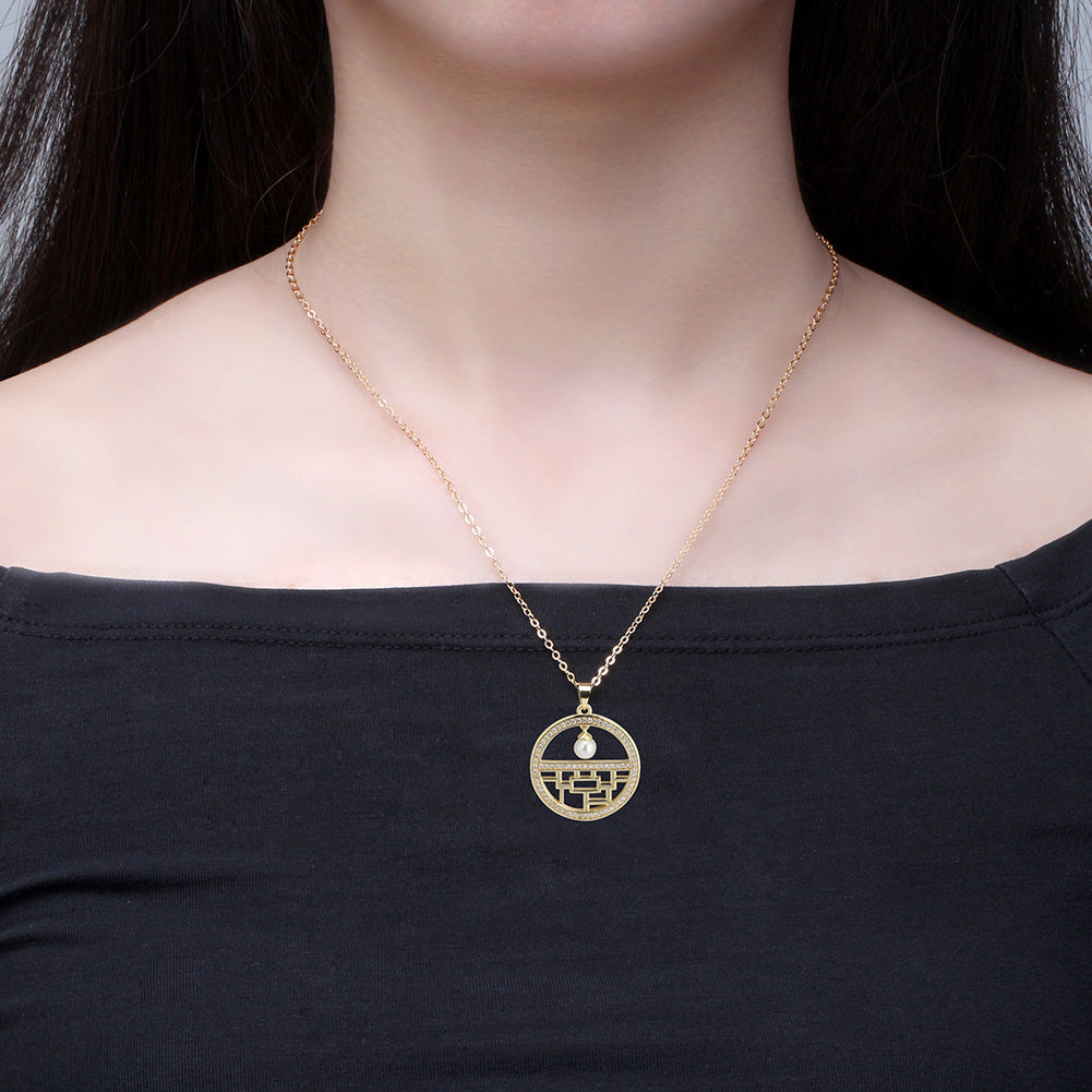 Flower Window Pattern Pendant Necklace for Women Cz Simulated Pearl Ginger Lyne Collection - Yellow Gold