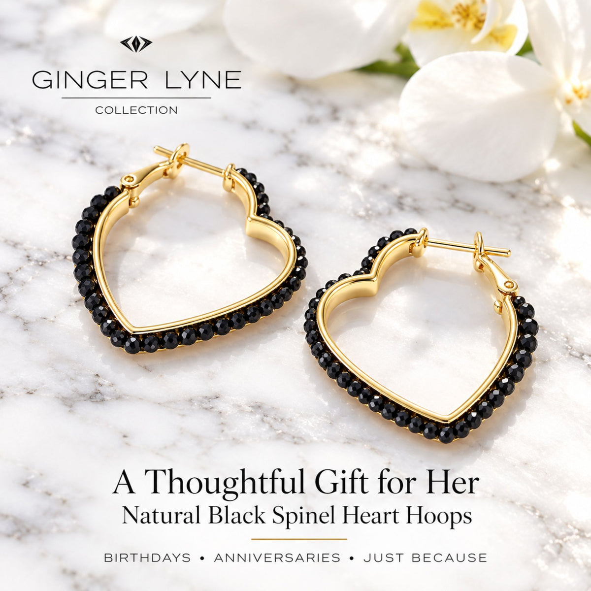Heart Hoop Earrings for Women 14K Gold Plated Sterling Silver Natural Black Spinel - Black