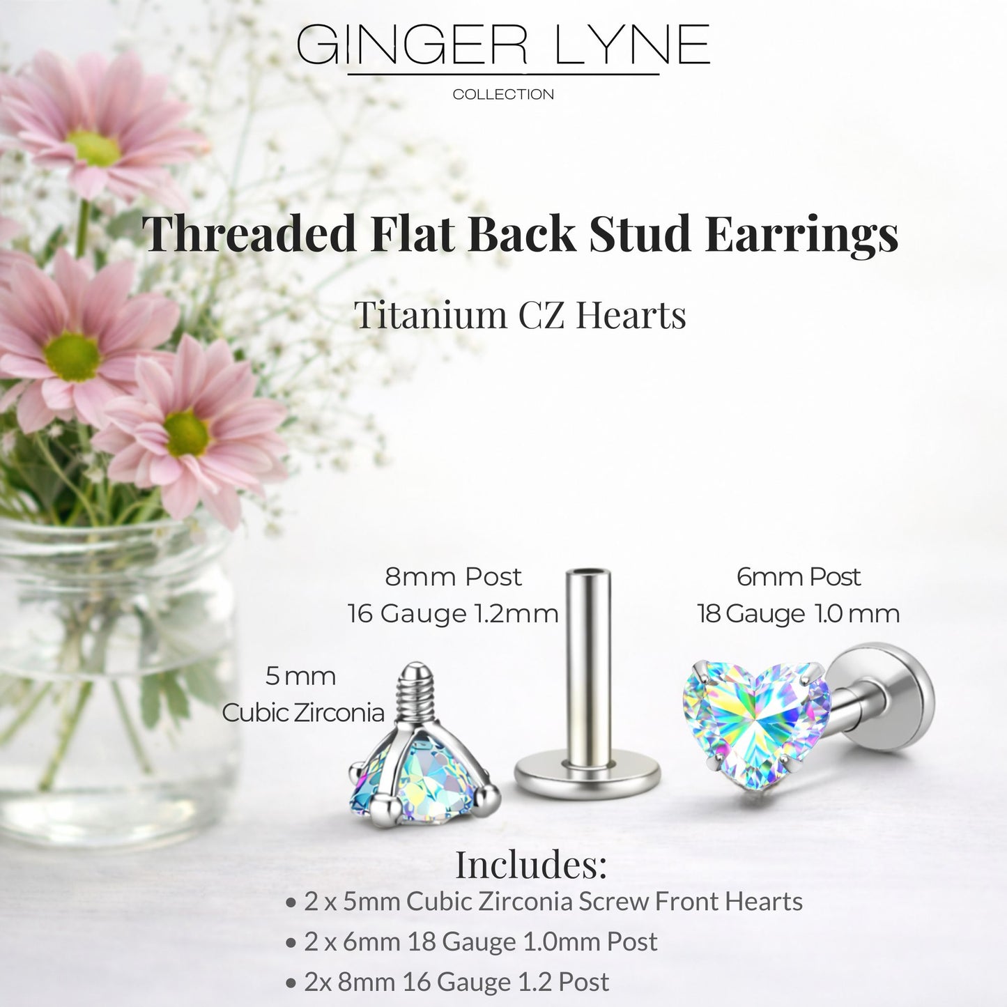 Small Heart CZ Solitaire Flat Back Stud Earrings Body Piercings by Ginger Lyne 2 Sets Post 6mm 8mm Included - 5mm-AuroraBorealis