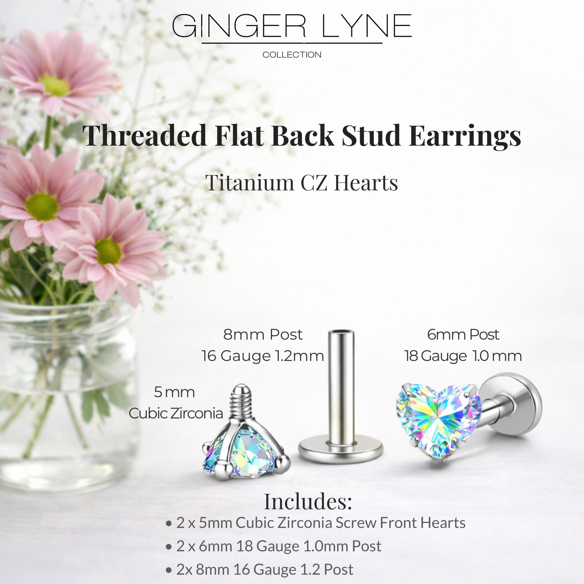 Small Heart CZ Solitaire Flat Back Stud Earrings Body Piercings by Ginger Lyne 2 Sets Post 6mm 8mm Included - 5mm-AuroraBorealis