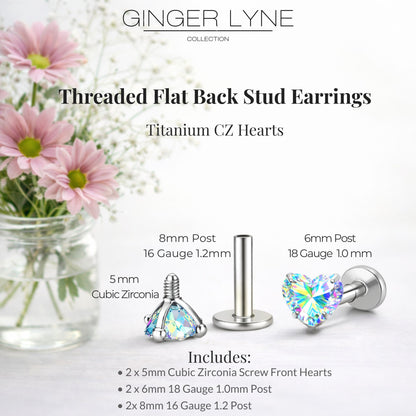Small Heart CZ Solitaire Flat Back Stud Earrings Body Piercings by Ginger Lyne 2 Sets Post 6mm 8mm Included - 5mm-AuroraBorealis