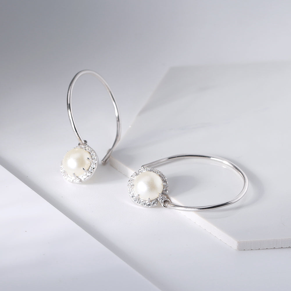 White Simulated Shell Pearl Drop Earrings for Women Sterling Silver Fish Hook Dangle Gift by Ginger Lyne - Pearl