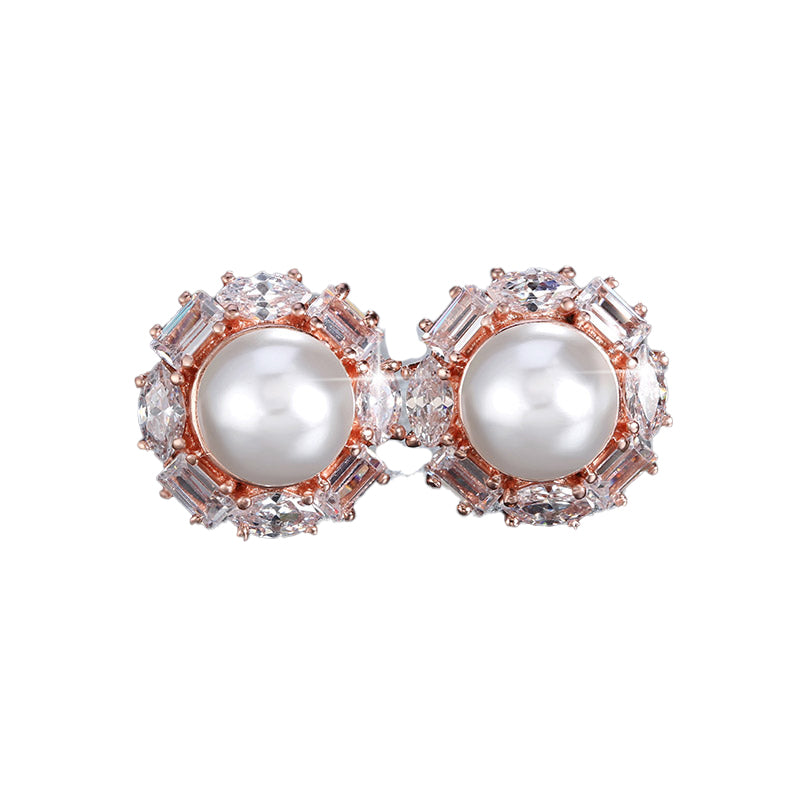 Baguette Cut Stud Earrings for Women Cubic Zirconia Simulated Pearl Ginger Lyne Collection - Rose Gold