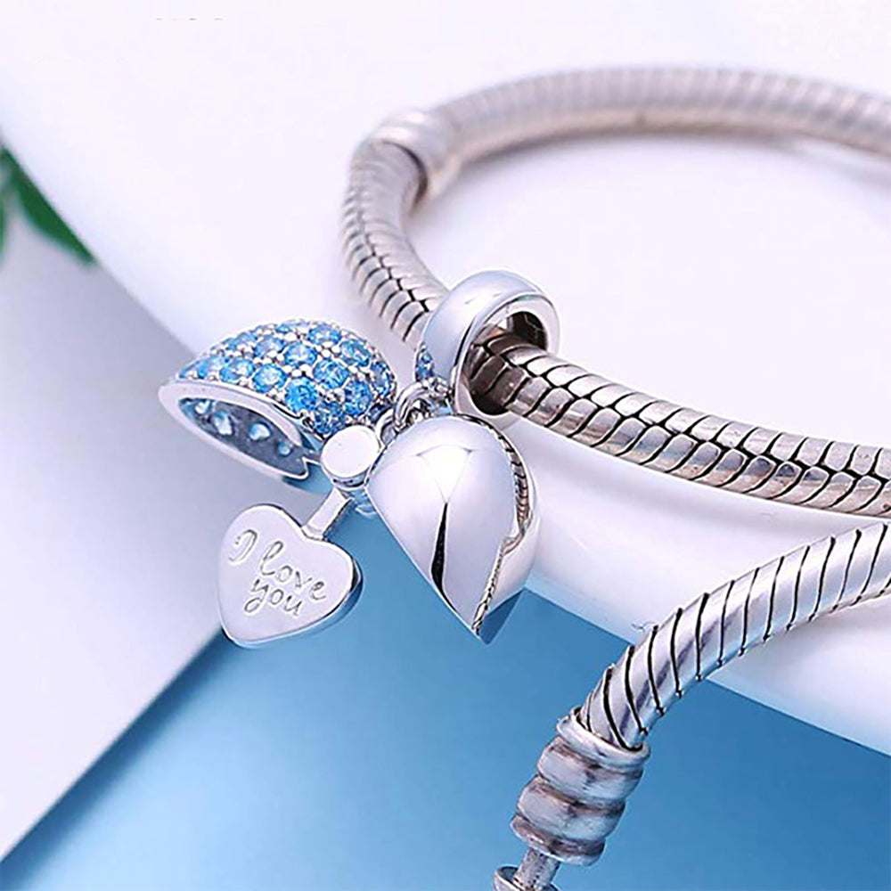 Heart Charm I Love You European Bead Sterling Silver Blue CZ Ginger Lyne Collection