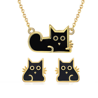Black Cat Earrings Necklace Set for Women Gold Plated Sterling Silver Ginger Lyne Collection - Set