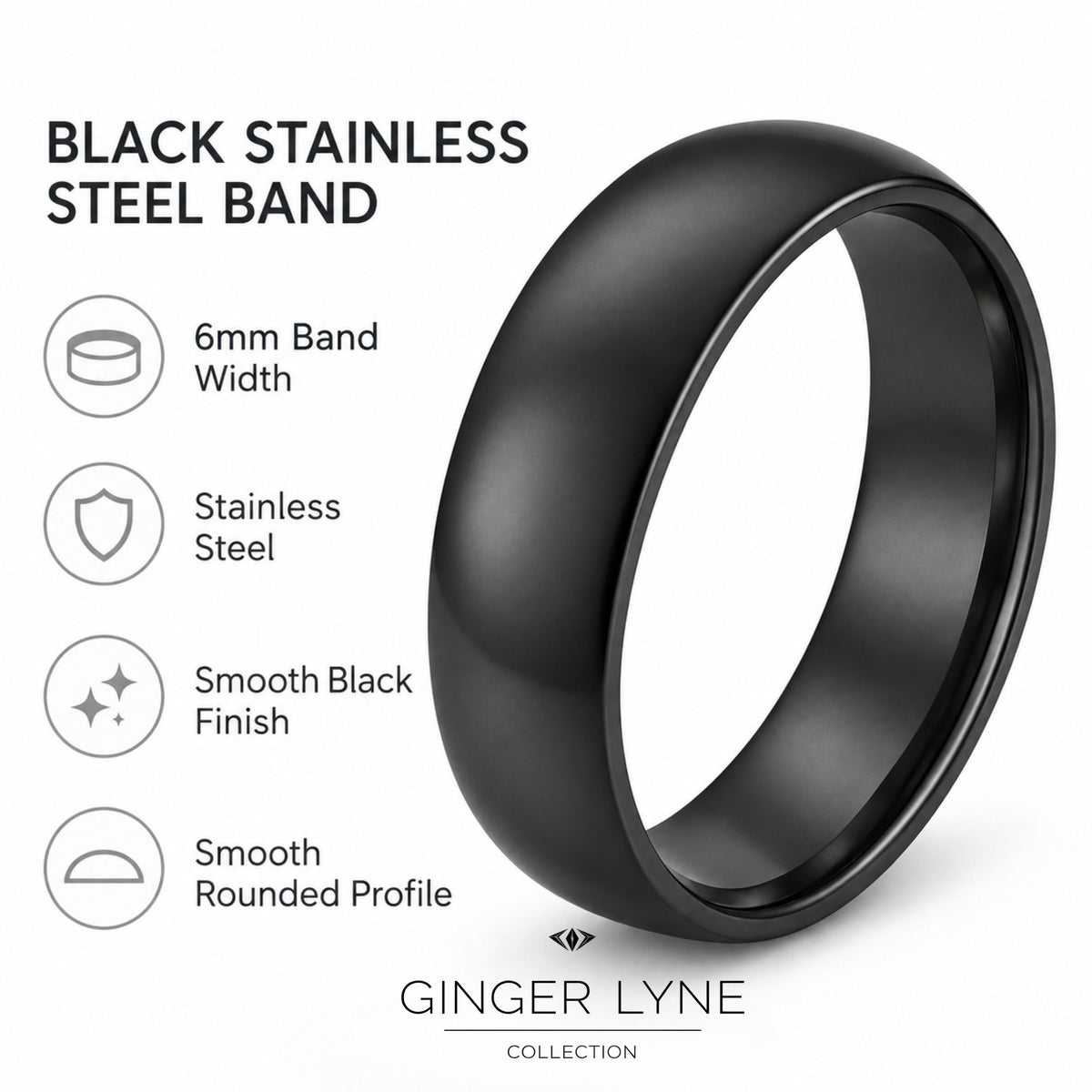 Black6mmStainlessSteelWeddingBandRingforWomenorMenbyGingerLyneSize10_6mmBlack-5
