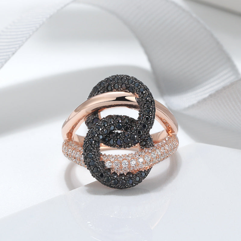 Interlinking  Statement Ring for Women Rose Gold Sterling Silver Black CZ Ginger Lyne Collection - 10