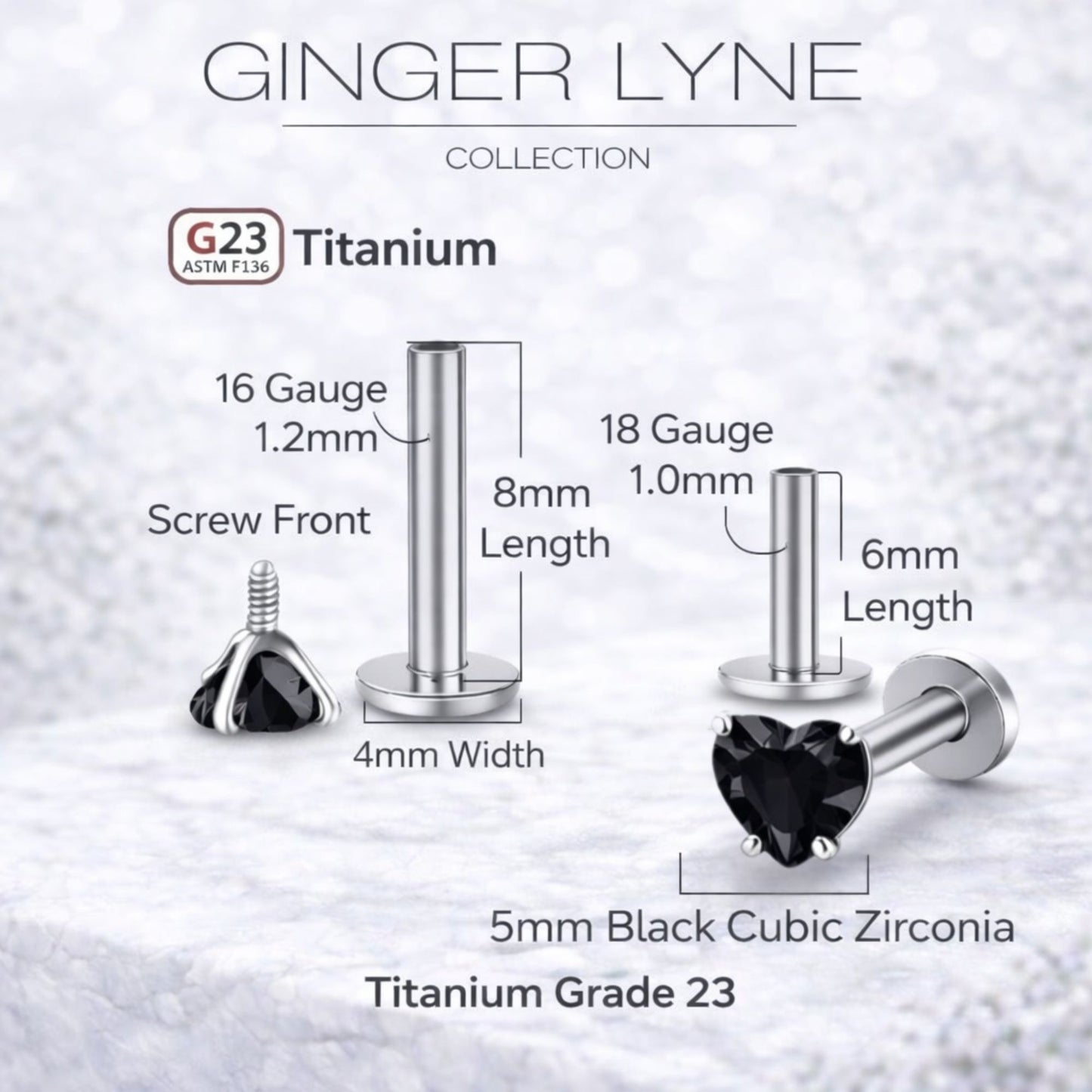 Small Heart CZ Solitaire Flat Back Stud Earrings Body Piercings by Ginger Lyne 2 Sets Post 6mm 8mm Included - 5mm-Black