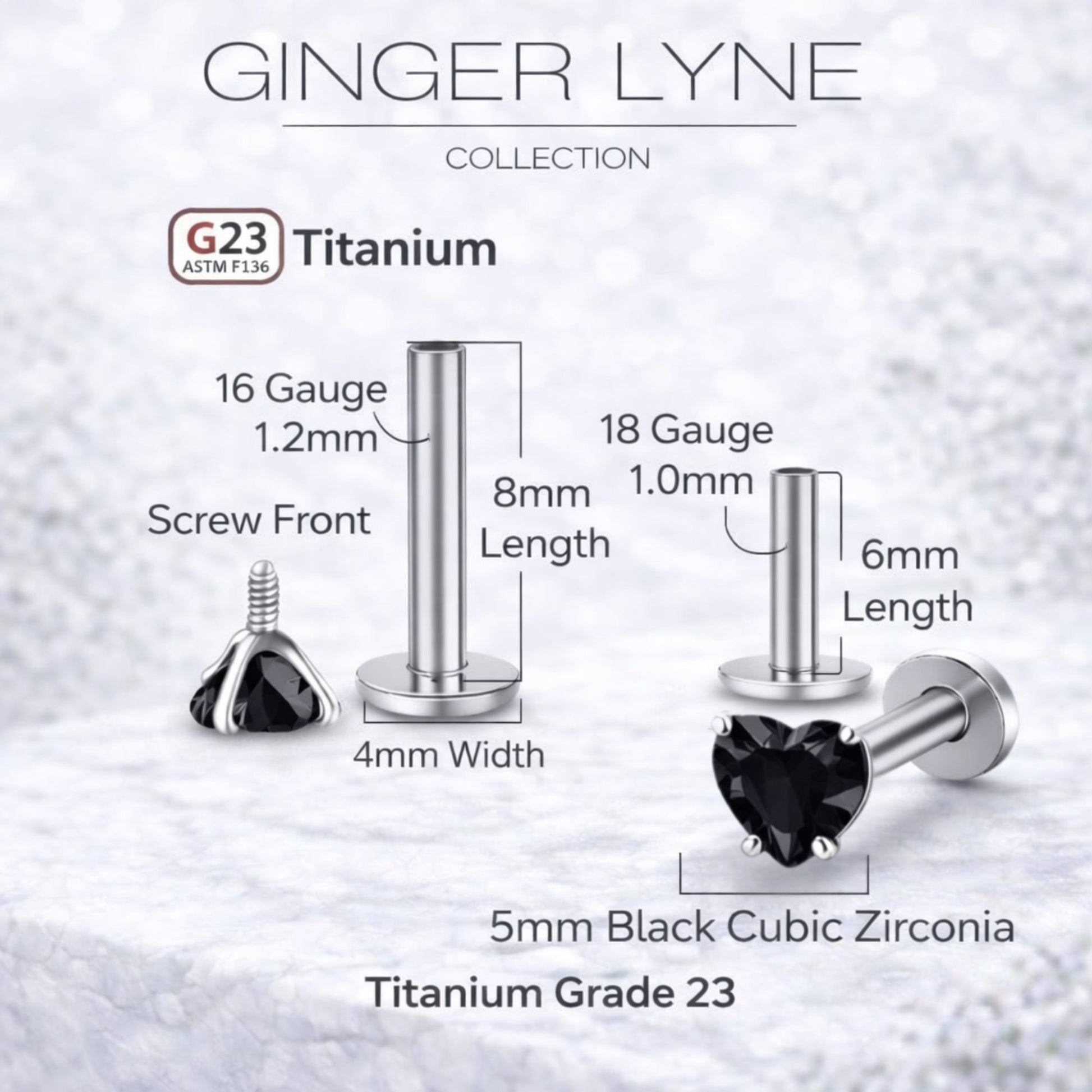 Small Heart CZ Solitaire Flat Back Stud Earrings Body Piercings by Ginger Lyne 2 Sets Post 6mm 8mm Included - 5mm-Black