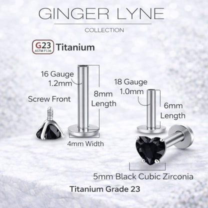 Small Heart CZ Solitaire Flat Back Stud Earrings Body Piercings by Ginger Lyne 2 Sets Post 6mm 8mm Included - 5mm-Black