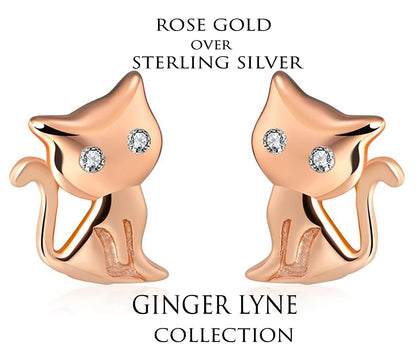 Kitty Cat Stud Earrings for Girls or Women Rose Gold Sterling Silver Cz Girls Ginger Lyne Collection - Rose Gold