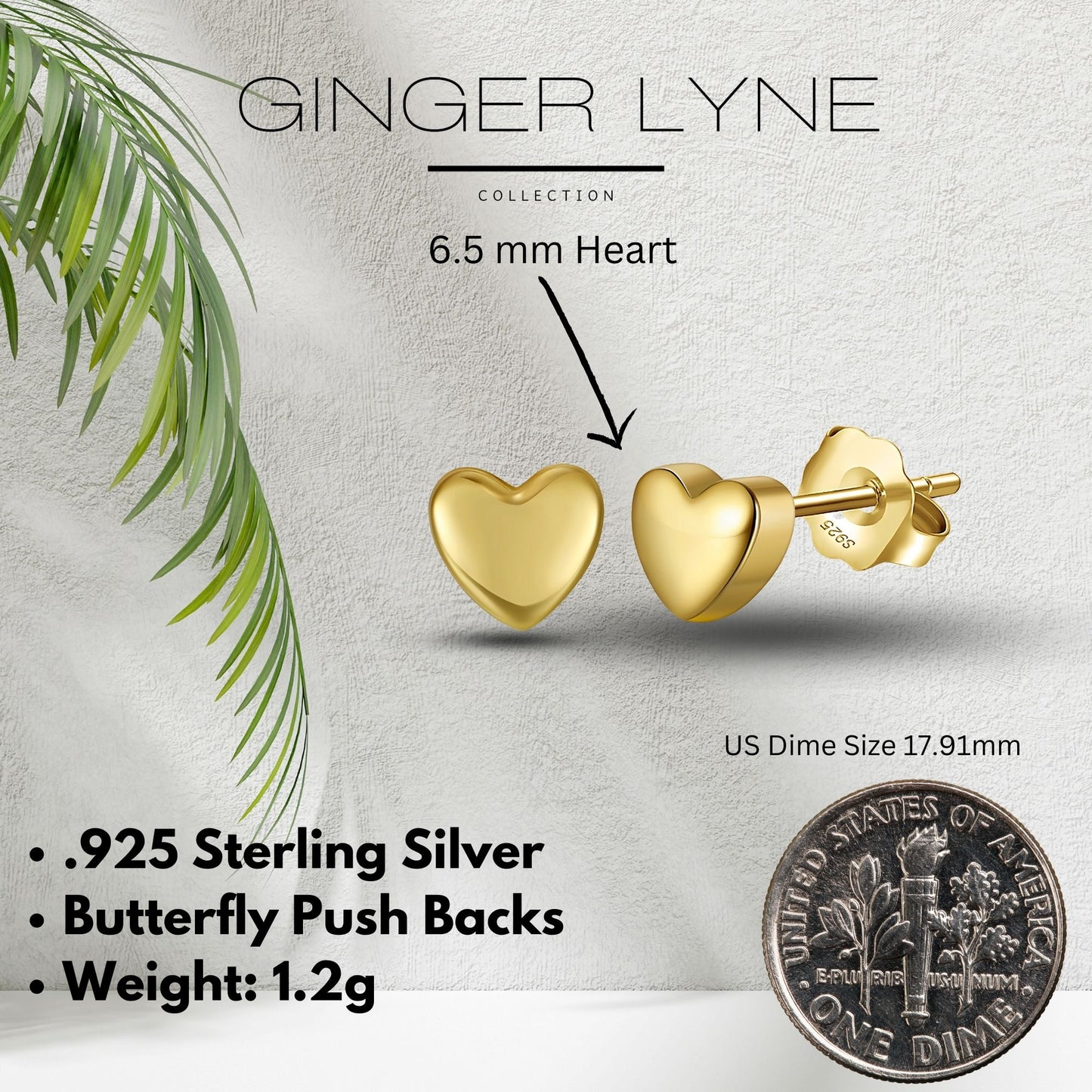 Heart Earrings for Women by Ginger Lyne 6mm Gold Plated Sterling Silver Stud Earrings - Gold
