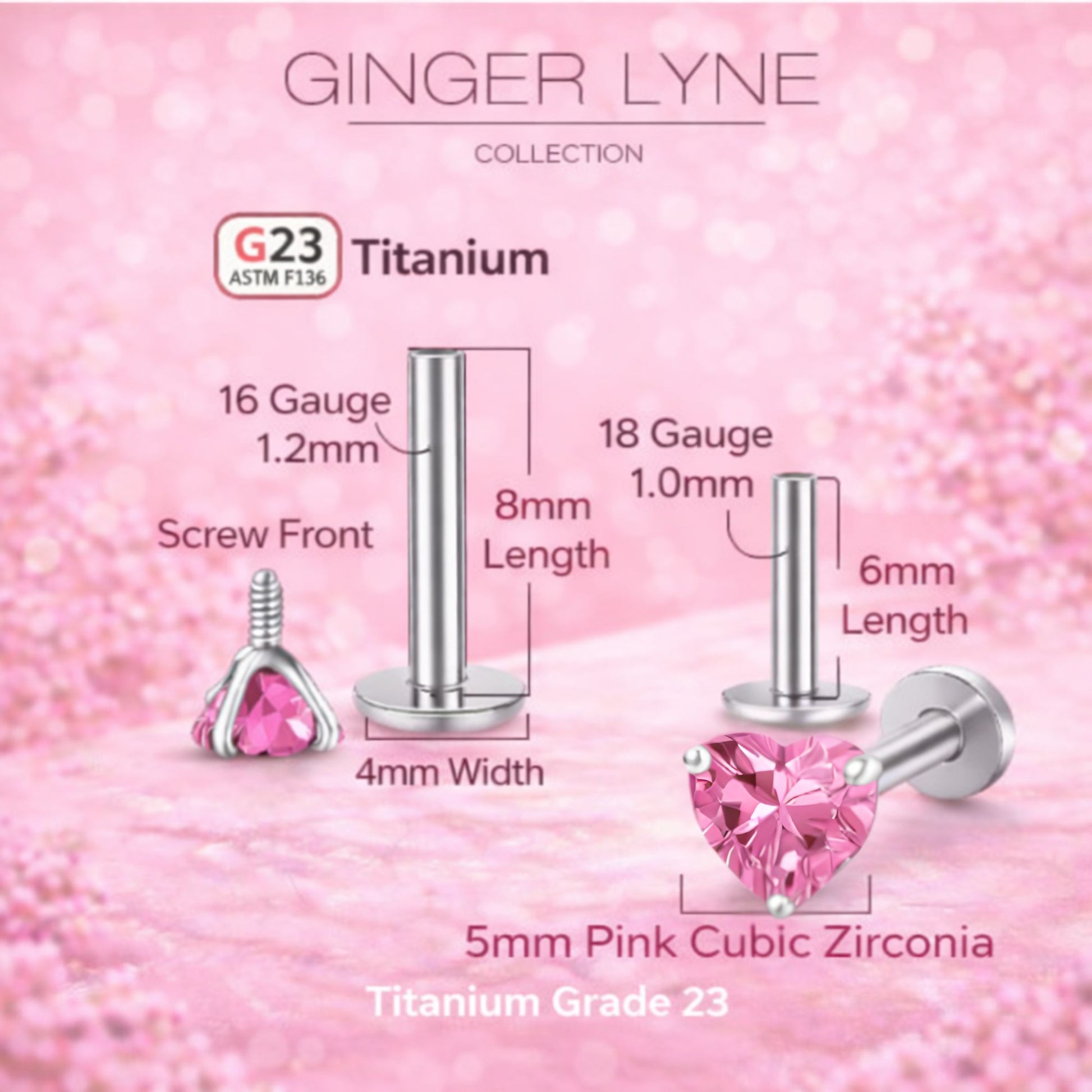 Small Heart CZ Solitaire Flat Back Stud Earrings Body Piercings by Ginger Lyne 2 Sets Post 6mm 8mm Included - 5mm-Pink