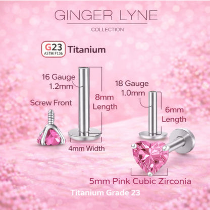 Small Heart CZ Solitaire Flat Back Stud Earrings Body Piercings by Ginger Lyne 2 Sets Post 6mm 8mm Included - 5mm-Pink