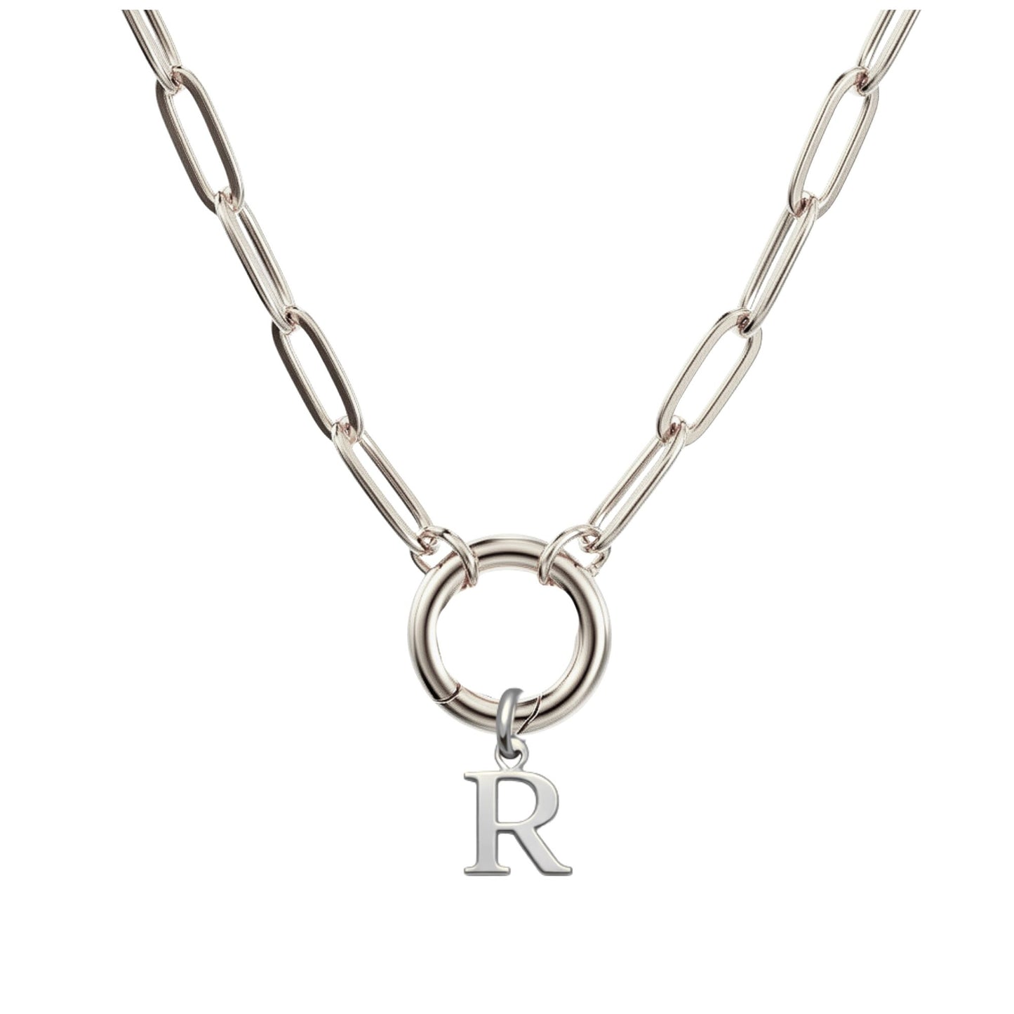 PaperclipLinkCircleCarabinerIntialLetterCharmHolderNecklaceforWomenStainlessSteel20"GingerLyne_Silver-R-1
