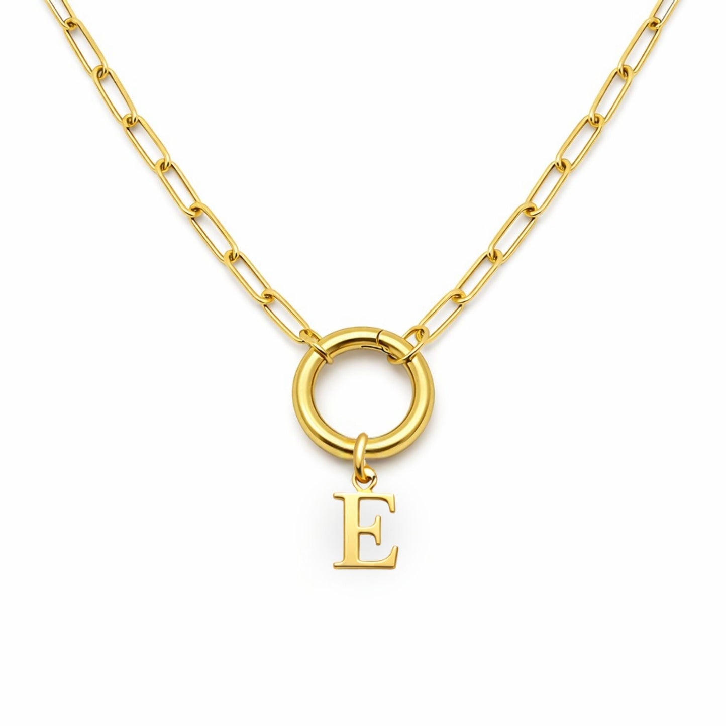 PaperclipLinkCircleCarabinerIntialLetterCharmHolderNecklaceforWomenStainlessSteel20"GingerLyne_Gold-E-1